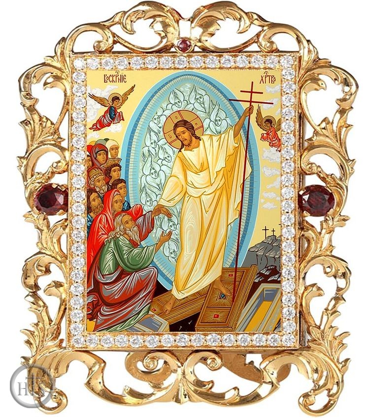 HolyTrinityStore Photo - The Resurrection, Jeweled Framed Icon With Stand and Chain