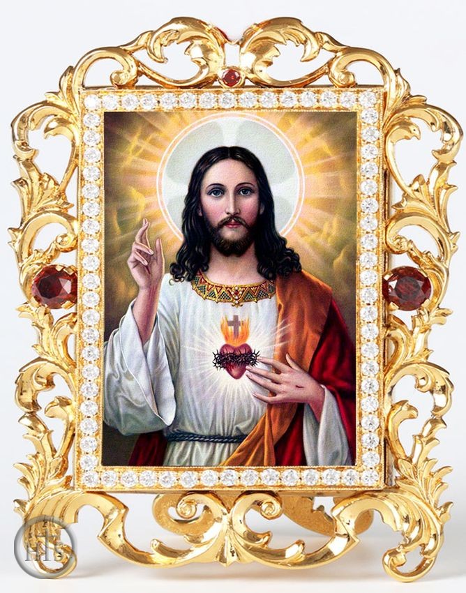 Product Image - Sacred Heart of Jesus, Jeweled Framed Icon With Stand and Chain