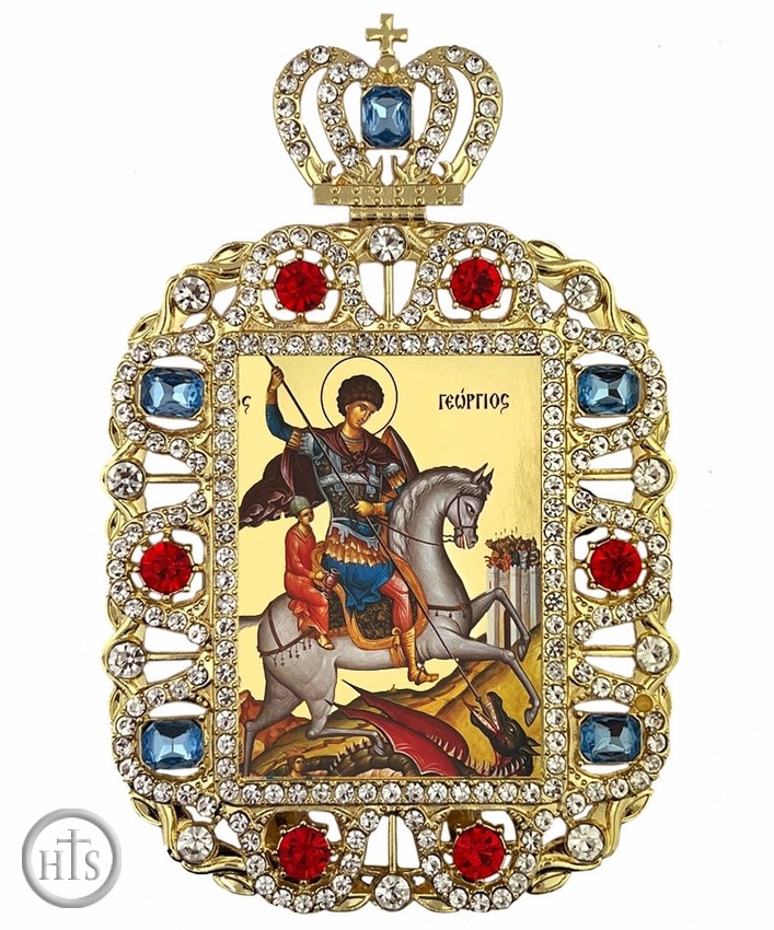 HolyTrinity Pic - Saint George, Jeweled Framed Greek Byzantine Icon With Crown