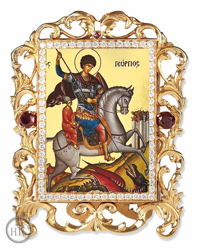 Product Pic - Saint George, Jeweled Framed Icon With Stand and Chain
