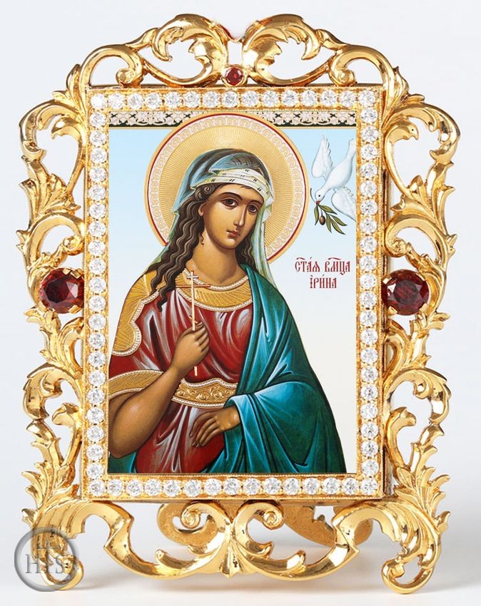 Product Pic - Saint Irina, Jeweled Framed Icon With Stand and Chain