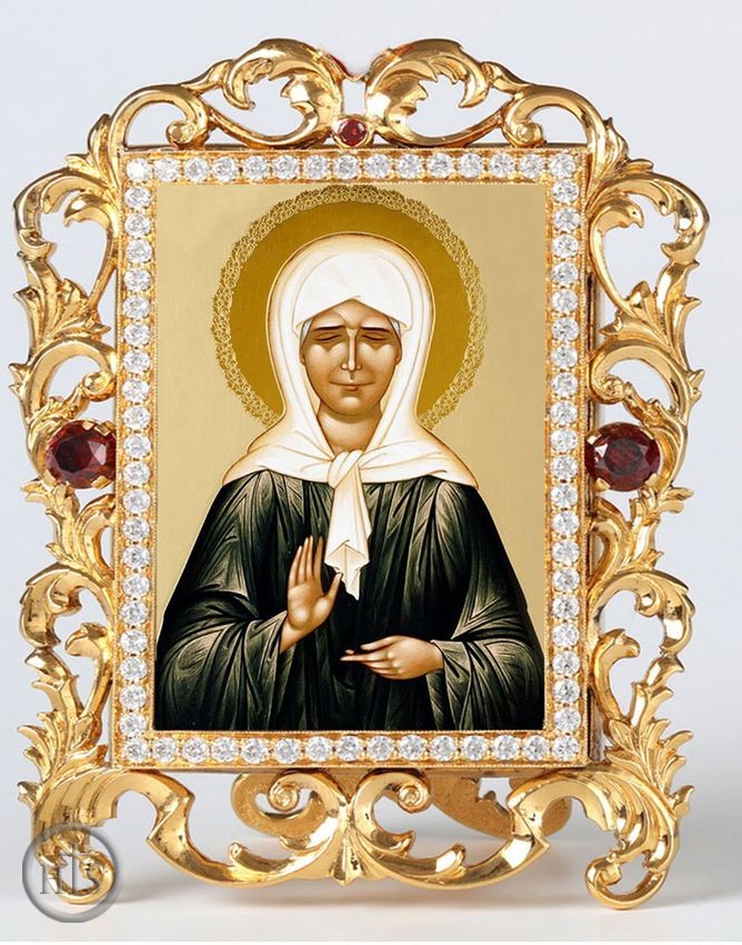 Photo - Saint Matrona, Jeweled Framed Icon With Stand and Chain