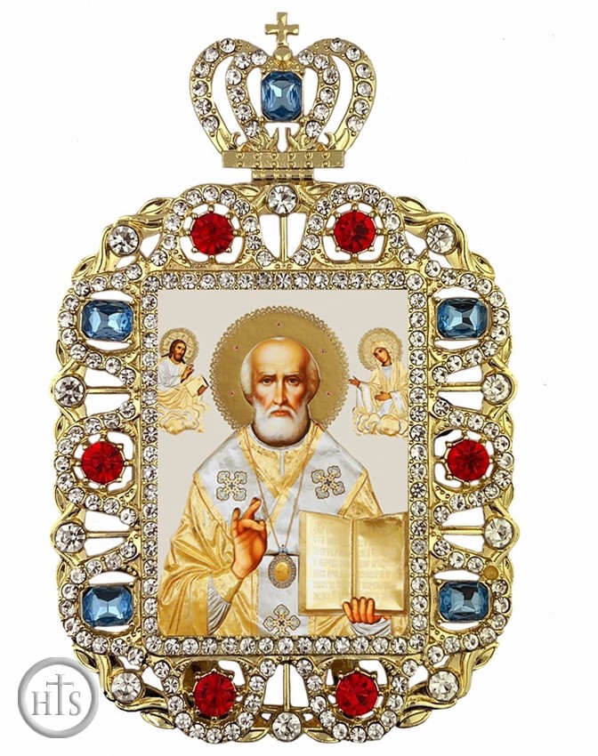 HolyTrinity Pic - Saint Nicholas, Jeweled Framed Icon With Crown