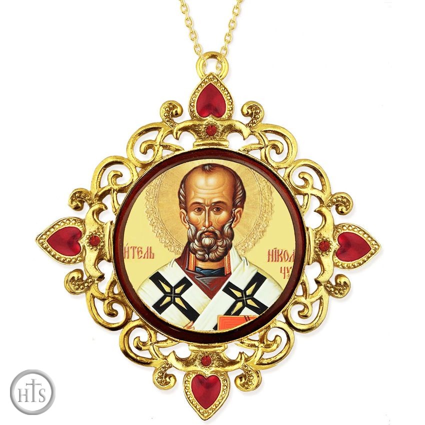 HolyTrinityStore Picture - Saint Nicholas, Jeweled Round Framed Icon with Chain