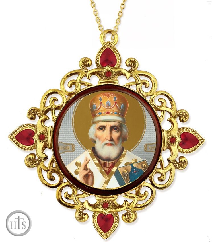 Image - Saint Nicholas, Jeweled Round Framed Icon with Chain