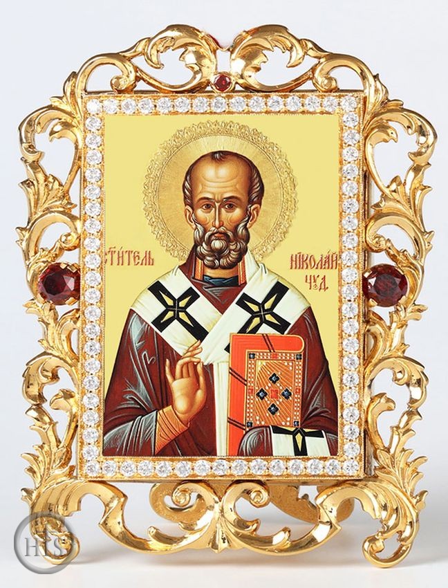 Product Image - Saint Nicholas, Jeweled Framed Icon With Stand and Chain