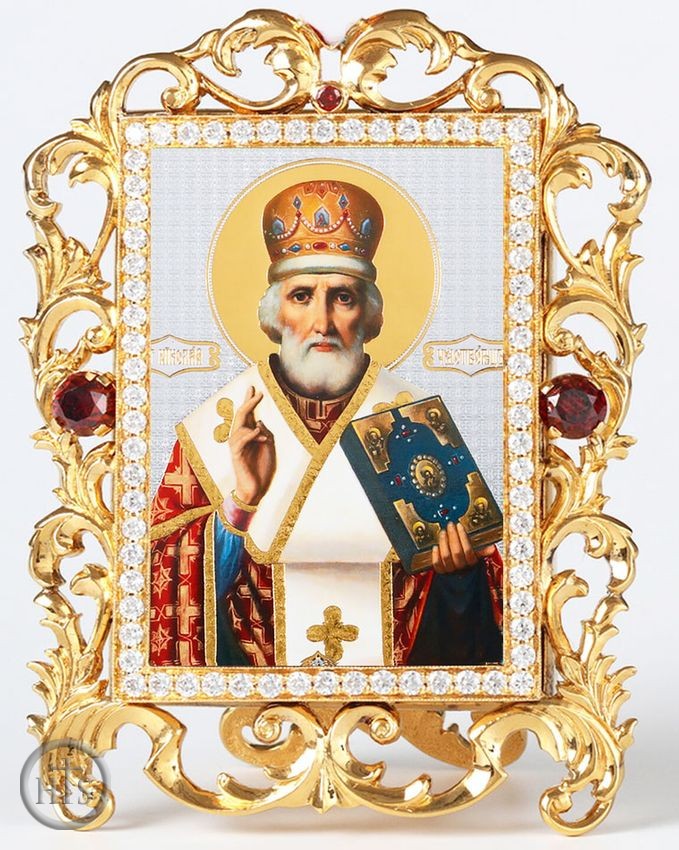 Product Image - Saint Nicholas, Jeweled Framed Icon With Stand and Chain