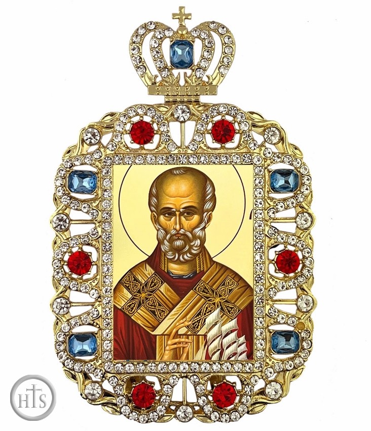 HolyTrinityStore Photo - Saint Nicholas,  Jeweled Framed Greek Byzantine Icon With Crown