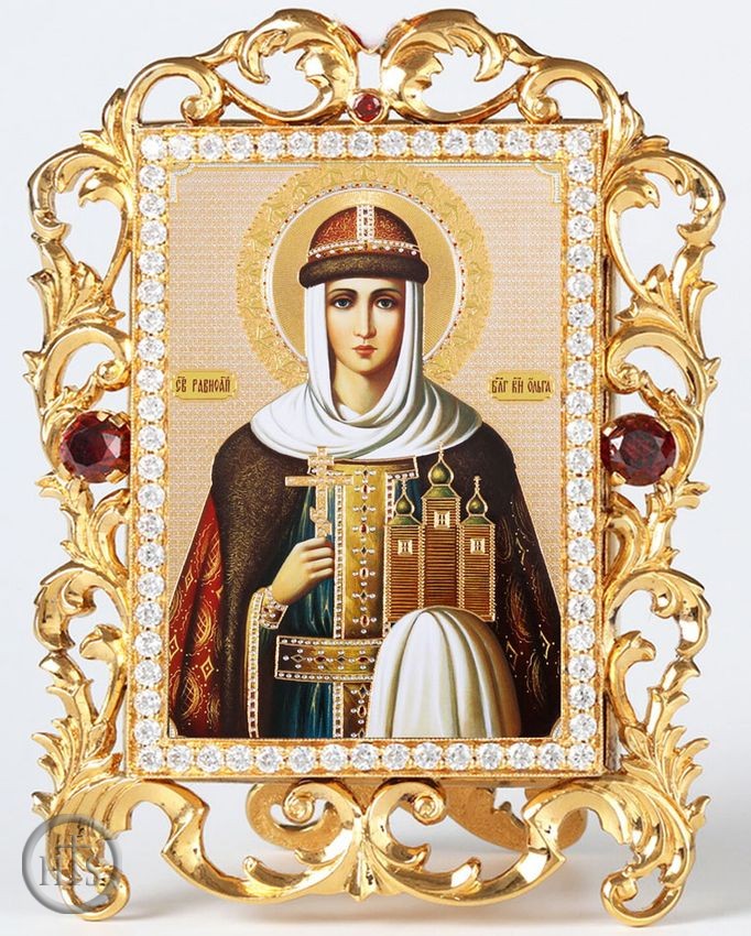Product Pic - Saint Olga, Jeweled Framed Icon With Stand and Chain