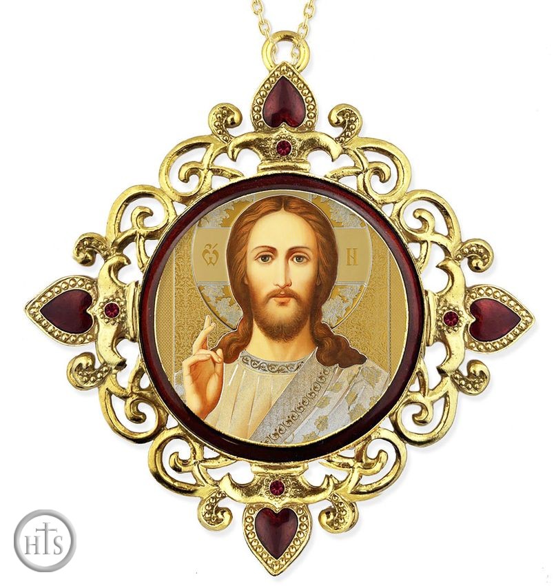 HolyTrinityStore Photo - Christ The Teacher, Jeweled Round Framed Icon with Chain