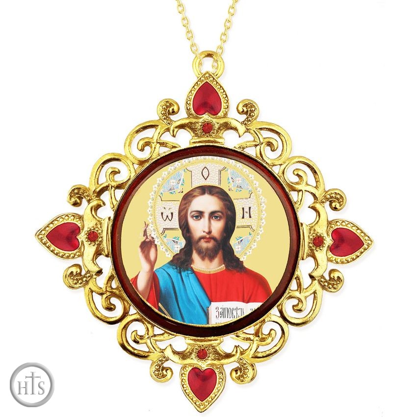 Product Pic - Christ The Teacher, Jeweled Round Framed Icon with Chain