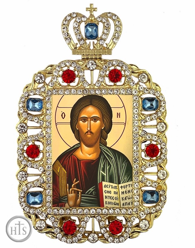 HolyTrinityStore Picture - Byzantine Icon of Christ The Teacher,  Jeweled Framed Icon With Crown