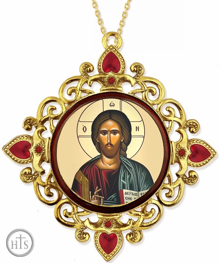 Product Picture - Christ The Teacher, Jeweled Round Framed Byzantine Icon with Chain