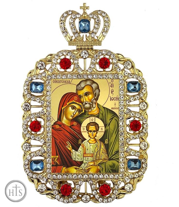 Picture - The Holy Family, Jeweled Framed Greek Byzantine Icon With Crown