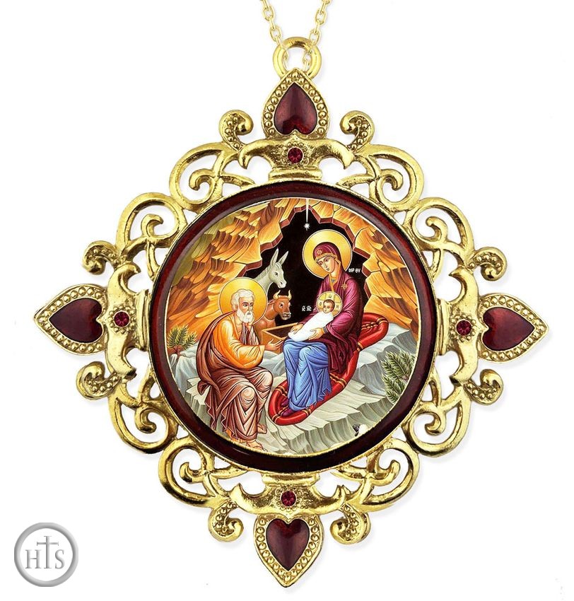 Image - The Nativity, Jeweled Round Framed Icon with Chain