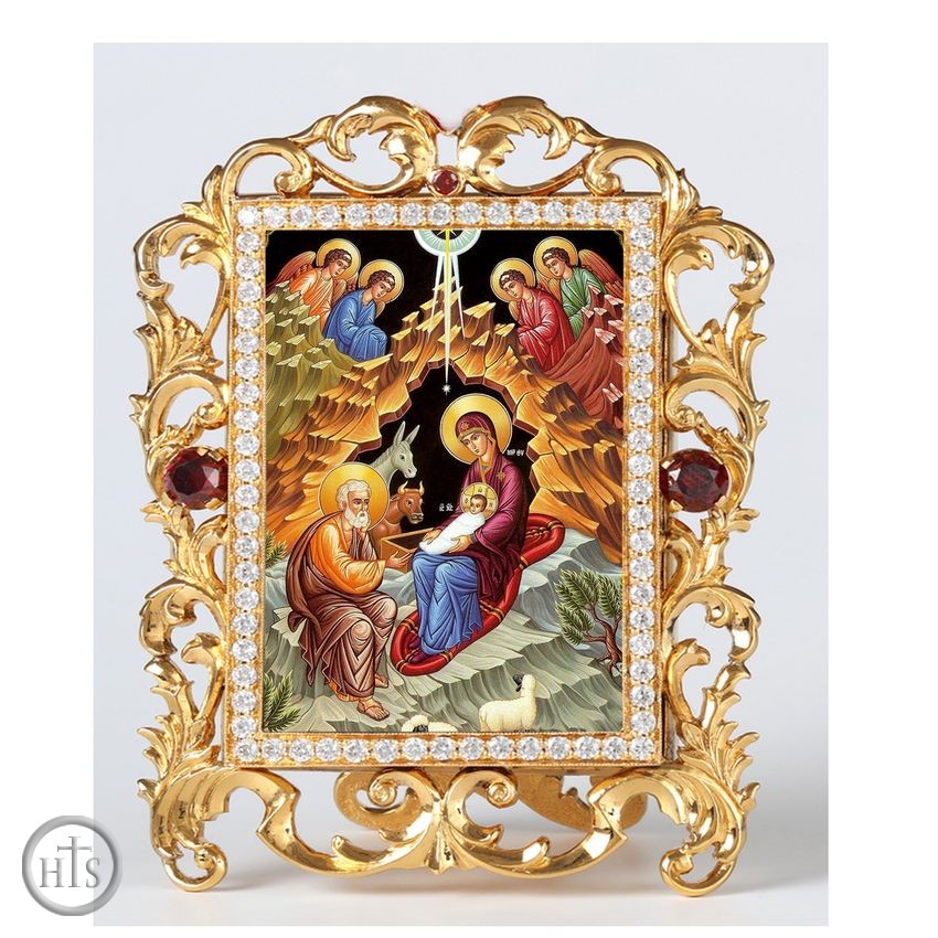 HolyTrinityStore Picture - The Nativity, Jeweled Framed Icon With Stand and Chain