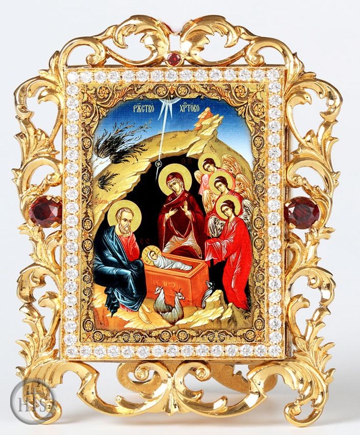 Product Photo - The Nativity, Jeweled Framed Icon With Stand and Chain