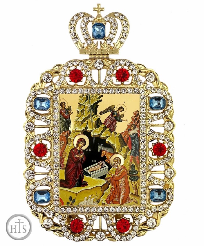 Product Picture - Nativity of Christ, Jeweled Framed Greek Byzantine Icon With Crown