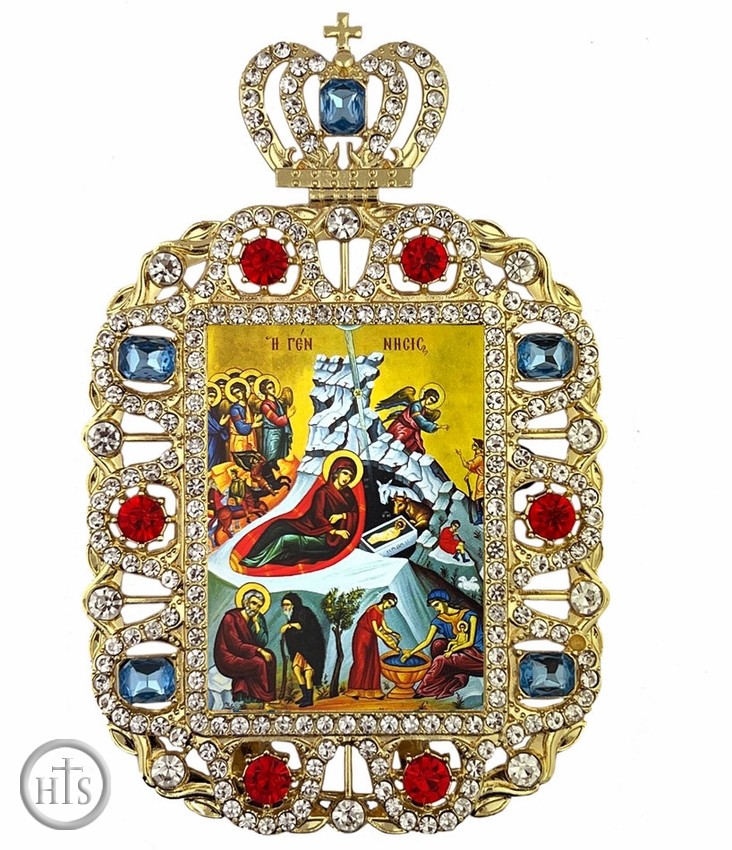 HolyTrinity Pic - Nativity of Christ, Jeweled Framed Greek Byzantine Icon With Crown