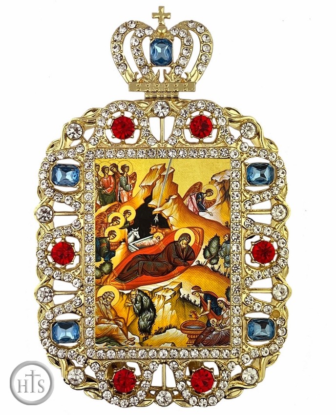 Product Picture - Nativity of Christ, Jeweled Framed Greek Byzantine Icon With Crown