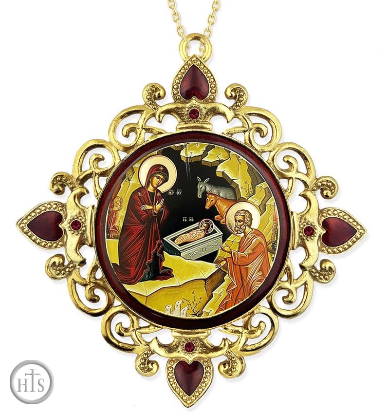 HolyTrinity Pic - The Nativity, Jeweled Round Framed Icon with Chain