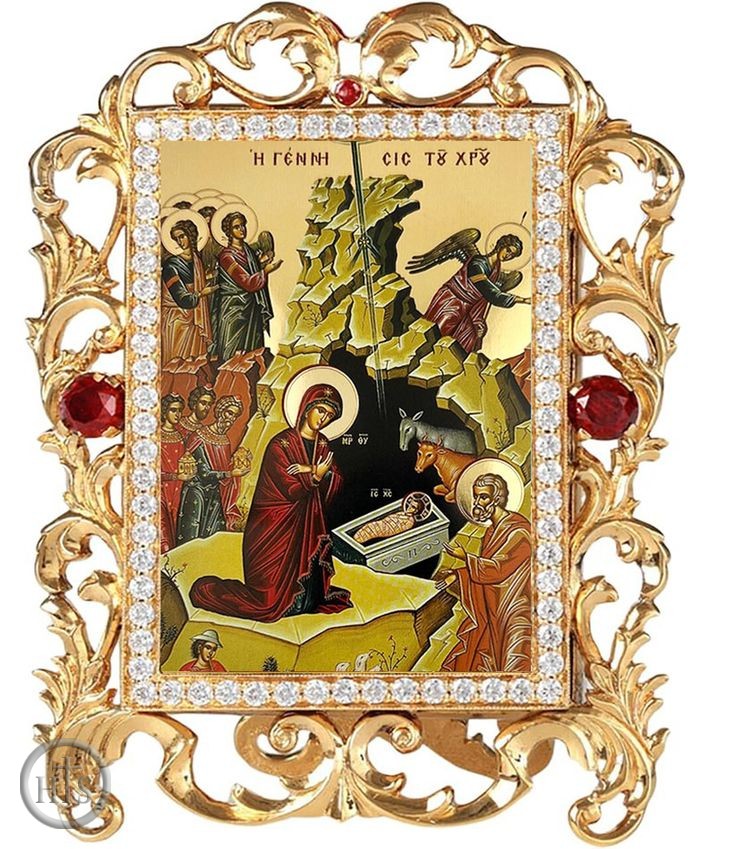 Product Photo - The Nativity, Jeweled Framed Byzantine Icon With Stand and Chain