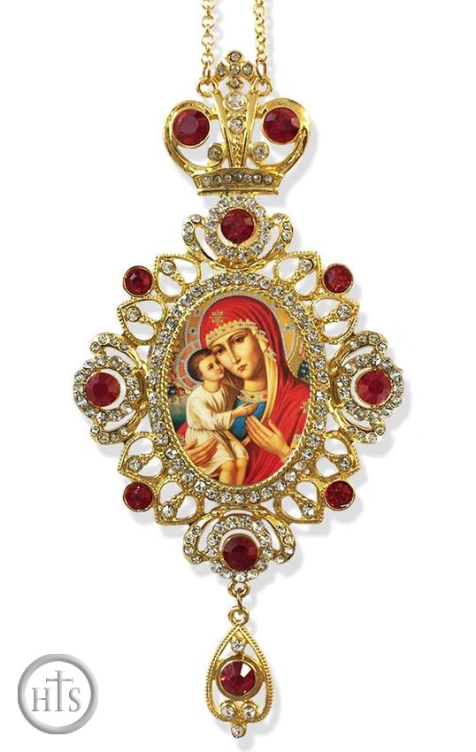 HolyTrinity Pic - Virgin Mary Zirovitskaya, Jeweled Icon Ornament / Red Crystals