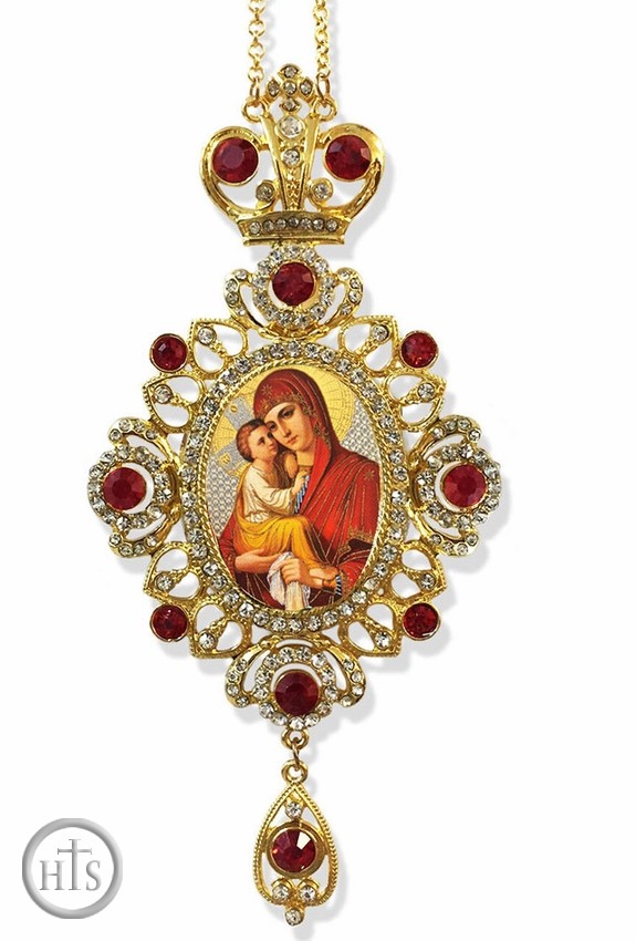 HolyTrinityStore Photo - Virgin Mary and Child, Jeweled Icon Ornament / Red Crystals