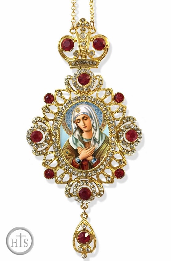 HolyTrinityStore Image - Virgin Mary Extreme Humility, Jeweled Icon Ornament / Red Crystals