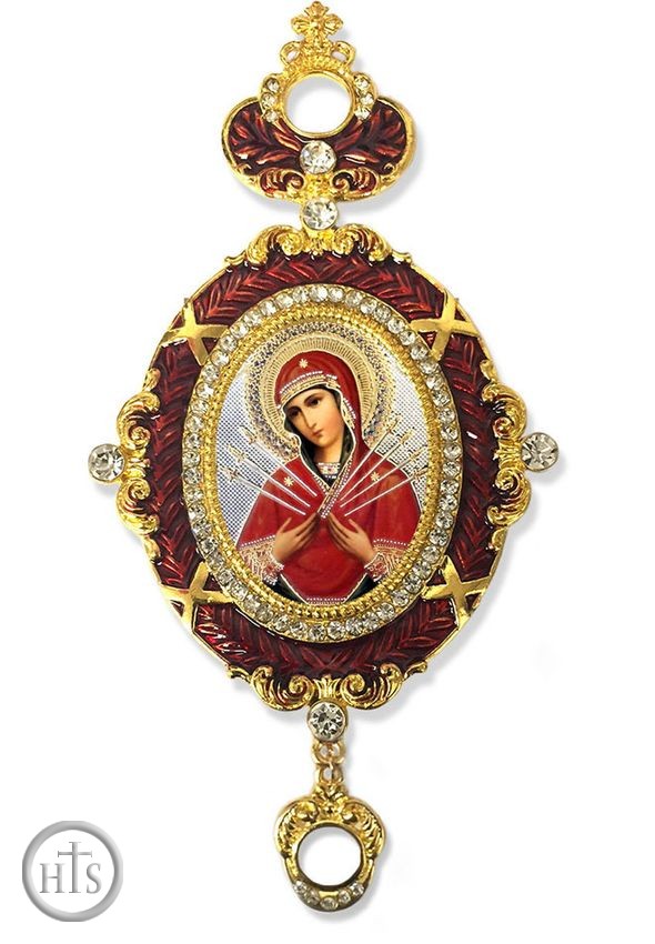 HolyTrinityStore Photo - Virgin Mary of Sorrows - Seven Swords,  Enameled Jeweled Icon Ornament, Red