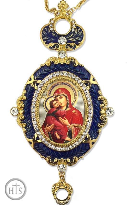 Product Photo - Virgin of Vladimir,   Enameled Jeweled Icon Ornament, Blue