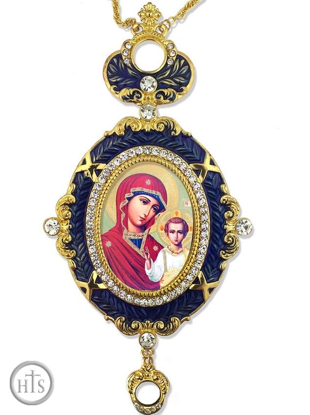 HolyTrinityStore Picture - Virgin of Kazan, Enameled Jeweled Icon Ornament, Blue