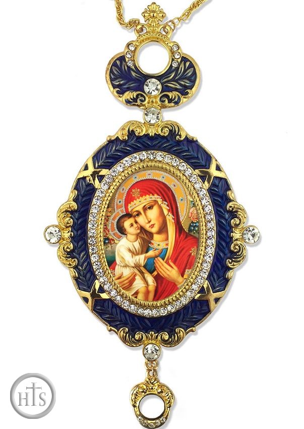 Product Pic - Virgin Mary Zirovitskaya,   Enameled Jeweled Icon Ornament, Blue