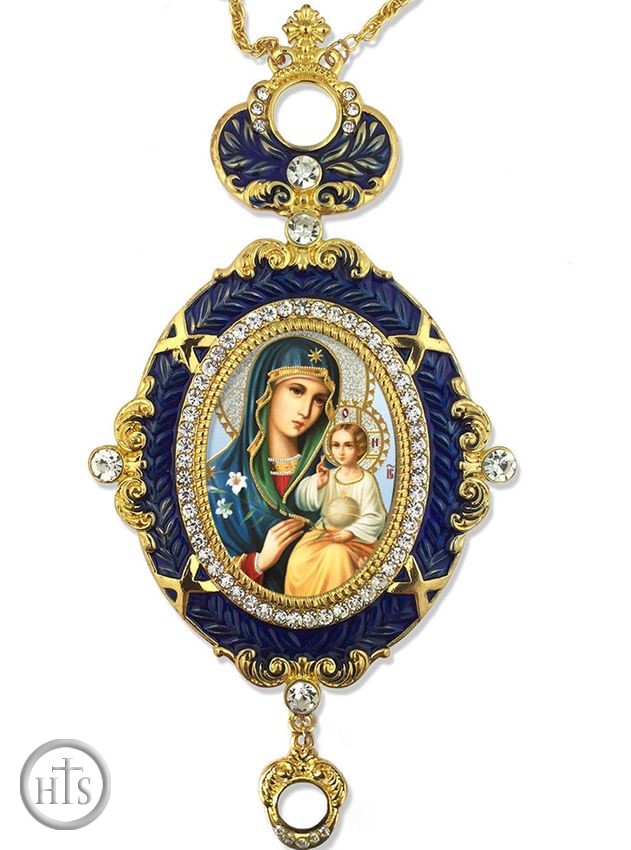 Product Pic - Virgin Mary the Eternal Bloom,   Enameled Jeweled Icon Ornament, Blue