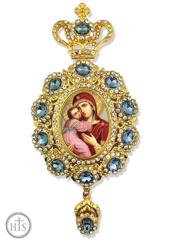 HolyTrinityStore Photo - Virgin of Vladimir,   Enameled Jeweled Icon Ornament / Blue Crystals