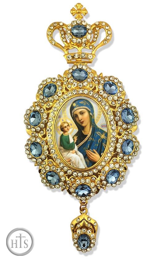 Image - Virgin of Jerusalem,    Enameled Jeweled Icon Ornament / Blue Crystals