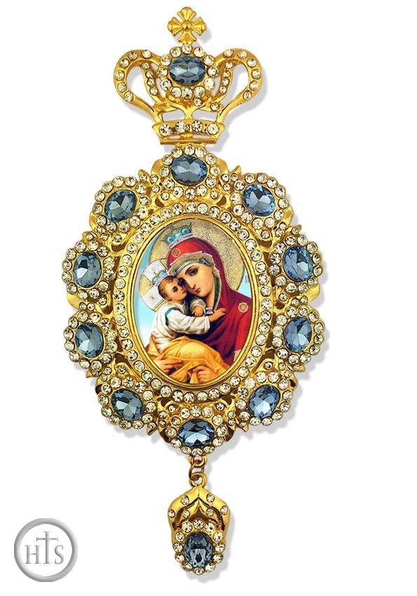 HolyTrinityStore Picture - Virgin Mary Pochaevskaya,    Enameled Jeweled Icon Ornament / Blue Crystals