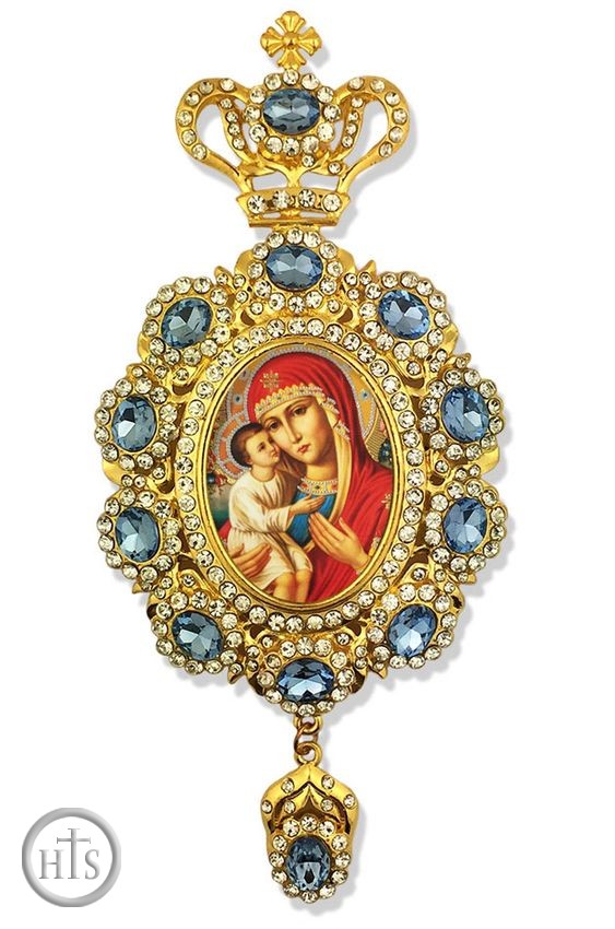 Photo - Virgin Mary Zirovitskaya,     Enameled Jeweled Icon Ornament / Blue Crystals