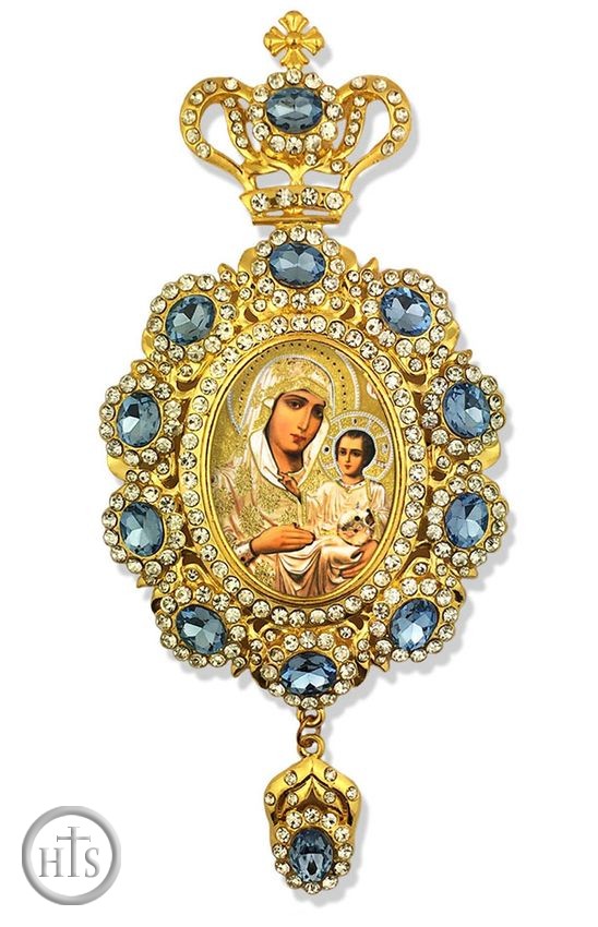 Product Image - Virgin of Jerusalem,    Enameled Jeweled Icon Ornament / Blue Crystals