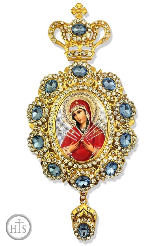 Product Picture - Virgin Mary of Sorrows - Seven Swords,   Jeweled Icon Ornament / Blue Crystals
