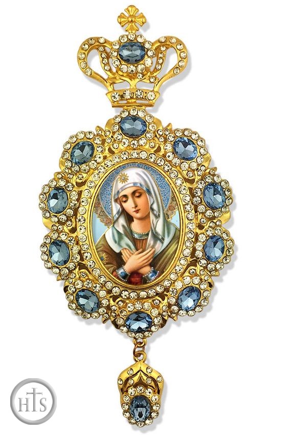 HolyTrinityStore Image - Virgin Mary Extreme Humility, Jeweled Icon Ornament / Blue Crystals