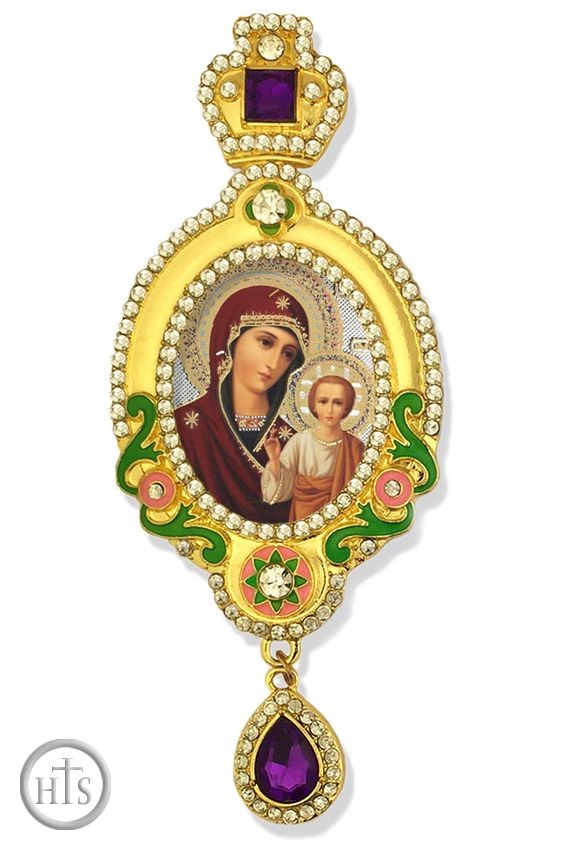 HolyTrinity Pic - Virgin of Kazan, Jeweled Icon Ornament, Yellow Frame with Purple Crystals