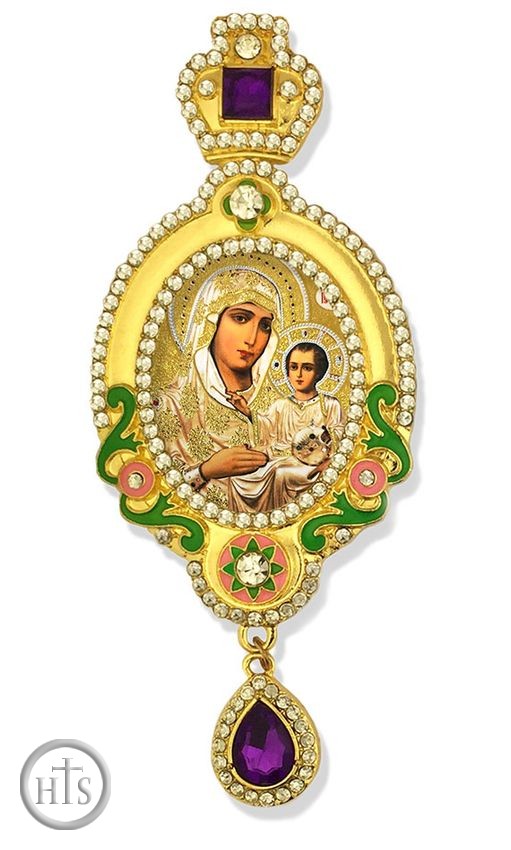 Product Pic - Virgin Of Jerusalem,  Jeweled Icon Ornament, Yellow Frame with Purple Crystals