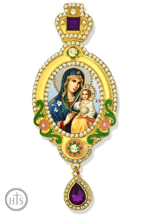 Image - Virgin Mary The Eternal Bloom, Jeweled Icon Ornament, Yellow Frame with Purple Crystals