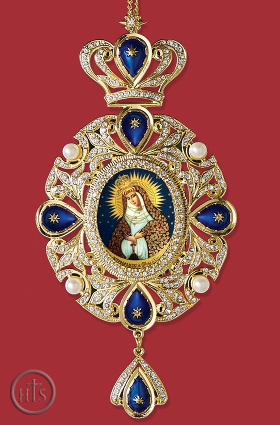 HolyTrinityStore Photo - Virgin Mary Ostrobramska, Panagia Style Icon Ornament / Blue Crystals