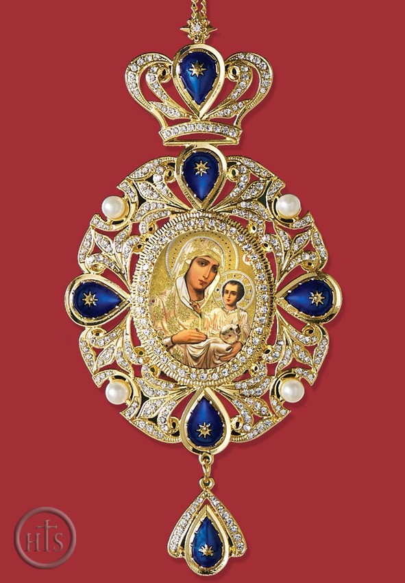 HolyTrinityStore Picture - Our Lady of Jerusalem, Panagia Style Icon Ornament / Blue Crystals