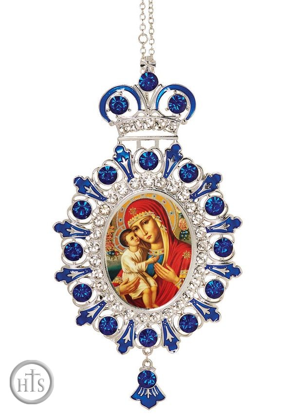 Product Pic - Virgin Mary Zirovitskaya,  Jeweled  Icon Ornament with Chain