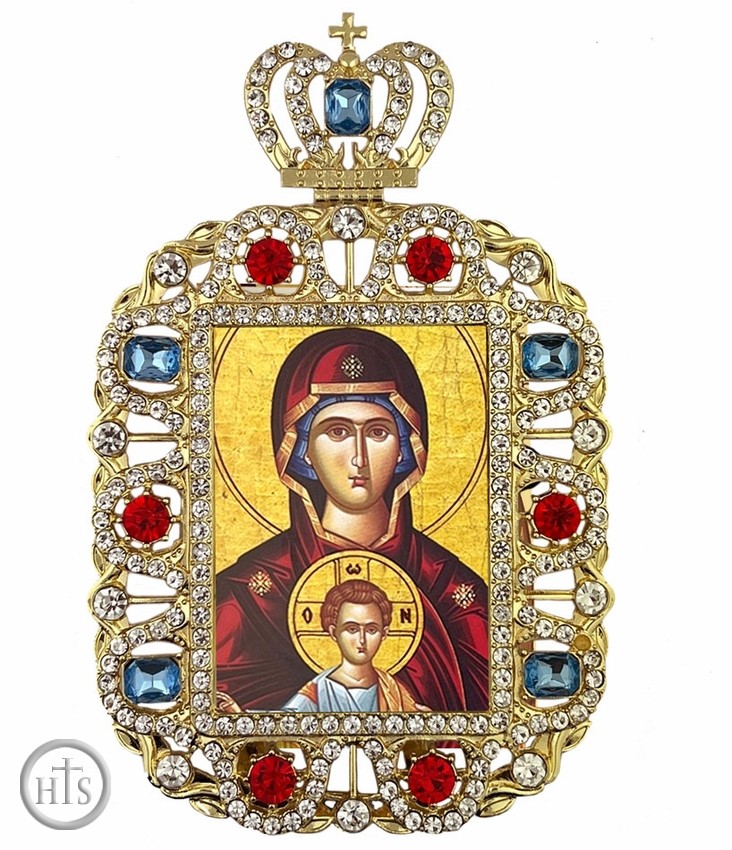 Product Photo - Virgin Mary Epakouousa, Jeweled Framed Greek Icon With Crown
