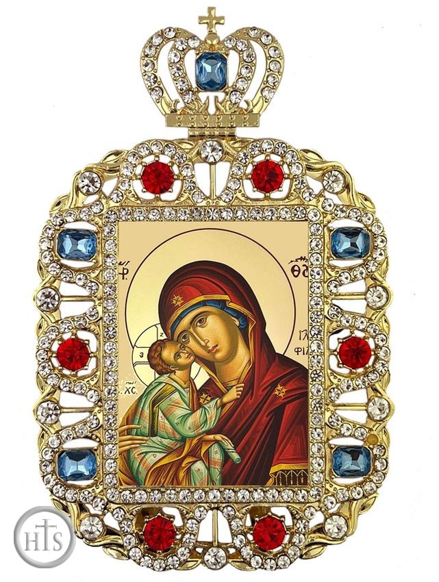 HolyTrinityStore Photo - Virgin Mary Glykophilousa (Sweet Kissing), Jeweled Framed Icon With Crown