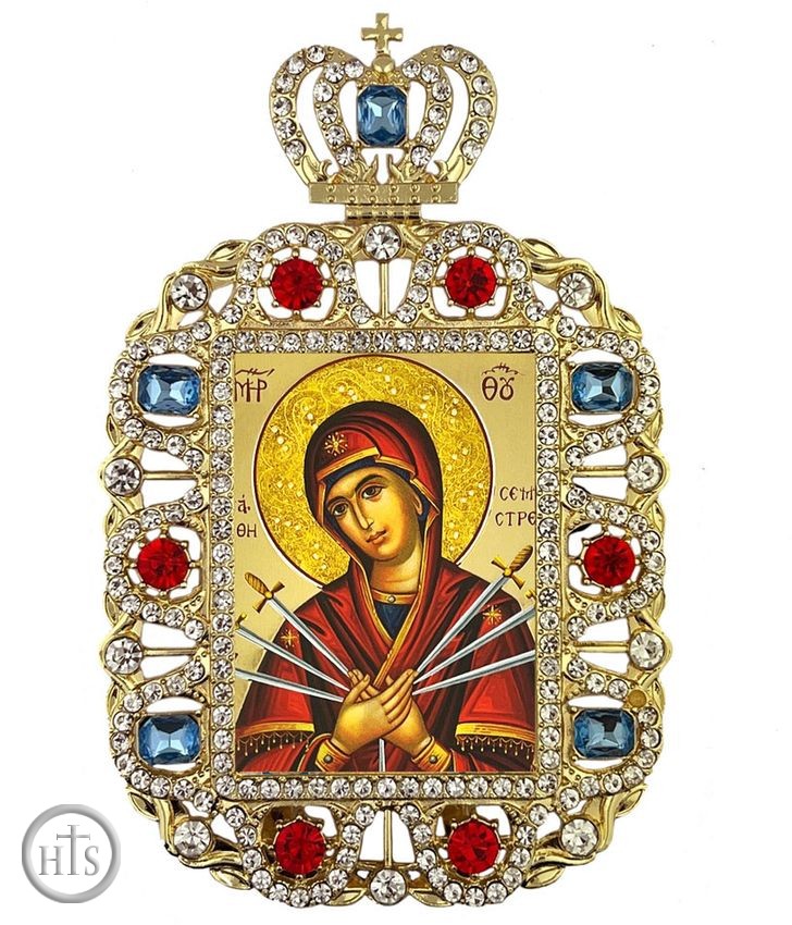 Product Photo - Virgin Mary of Sorrows, Jeweled Framed Greek Byzantine Icon With Crown